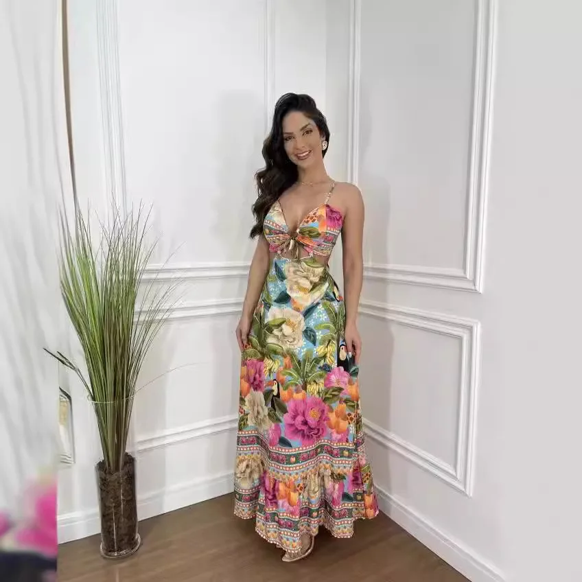 

Sexy Elegant Dress For Women Floral Print V-neck Lace-up Hollow Vacuum Dress Casual A-line Lace-up Detail Backless Long Skirt