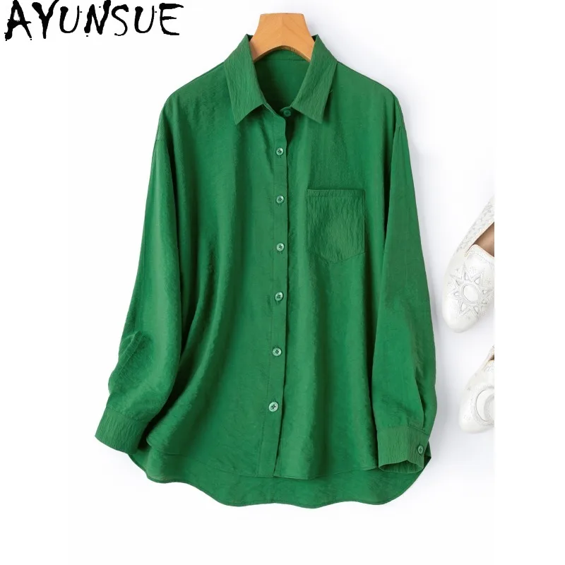 

AYUNSUE 76% Silk Women's Blouses and Shirts Long Sleeve Tops for Woman High Quality Green Blouse Commuting Woman Clothes Одежда