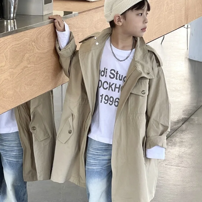 

2024 Spring boys solid color Workwear style long style trench jackets children casual loose wind coats