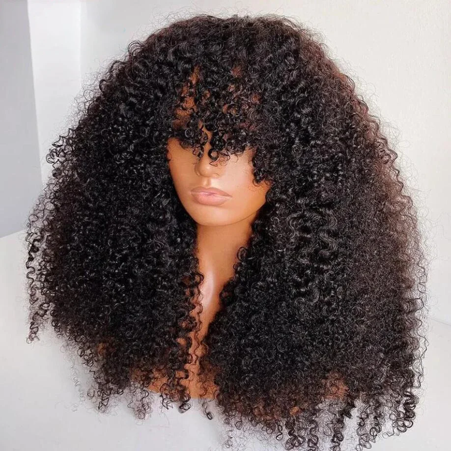 Natural Black Kinky Glueless Soft 26“Long Curly 180Density Lace Front Wig With Bangs Synthetic For Women High Resistant Daily