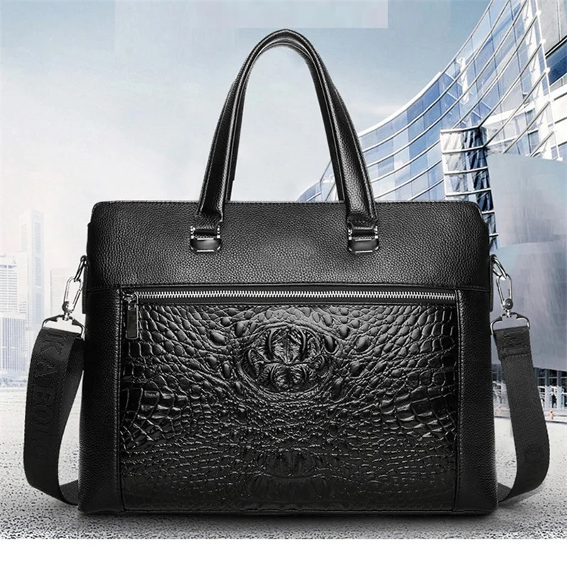 Borsa per laptop in vera pelle con motivo coccodrillo per uomo Valigetta multifunzionale in pelle di mucca Borsa da uomo d'affari nera o a tracolla