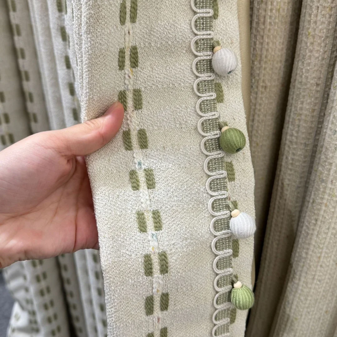 Russian Dacha Japanese Linen Jacquard Curtain Green White Pom Pom Ball Tassel Trim Semi Blackout Window Drape