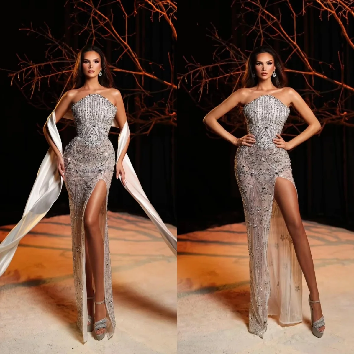 Luxury Crystal Wedding Dresses Strapless Beaded Mermaid Bridal Gowns with Shawl Side Split Customized Vestidos De Novia