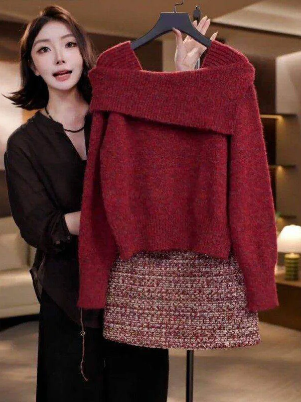 

Новогодний красный теплый длинный свитер свера неправильной формы, женская зимняя новинка, маленькая юбка с высокой талией и эффектом Fraance Wind, состоящая из двух частей...