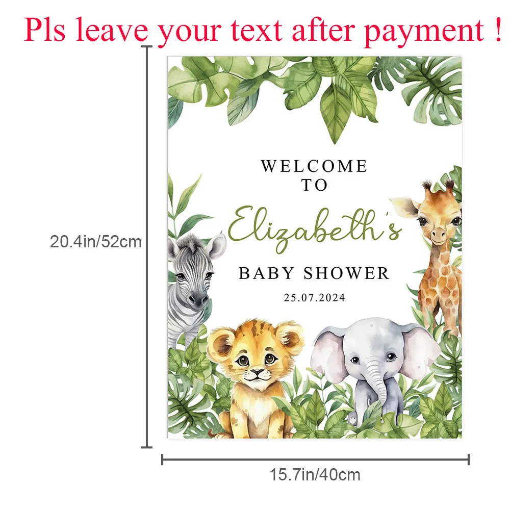 Custom Baby Shower Welcome Sign Jungle Safari Animals Zebra Lion Giraffe Welcome Sign Personalized Birthday Party Direction Sign