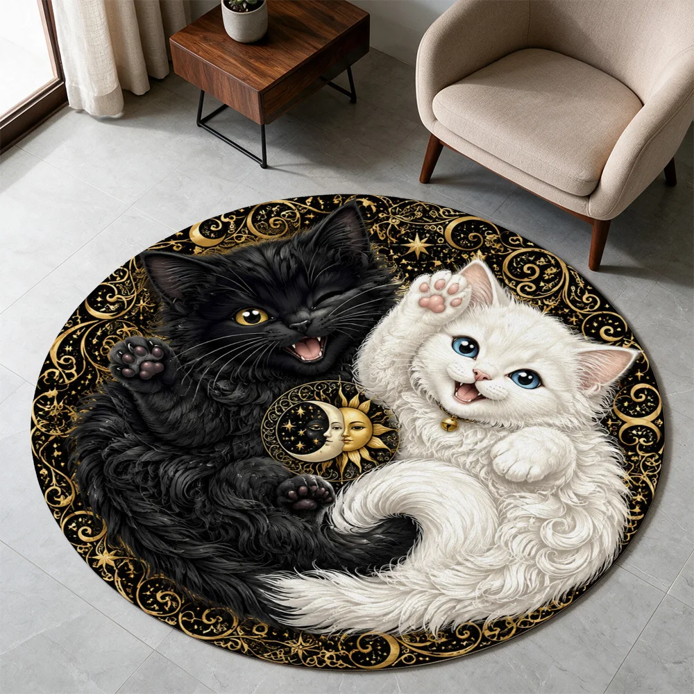 Cute Black and White Cat Pair Round Area Rug for Living Room Pet Lovers Home Decor Gift