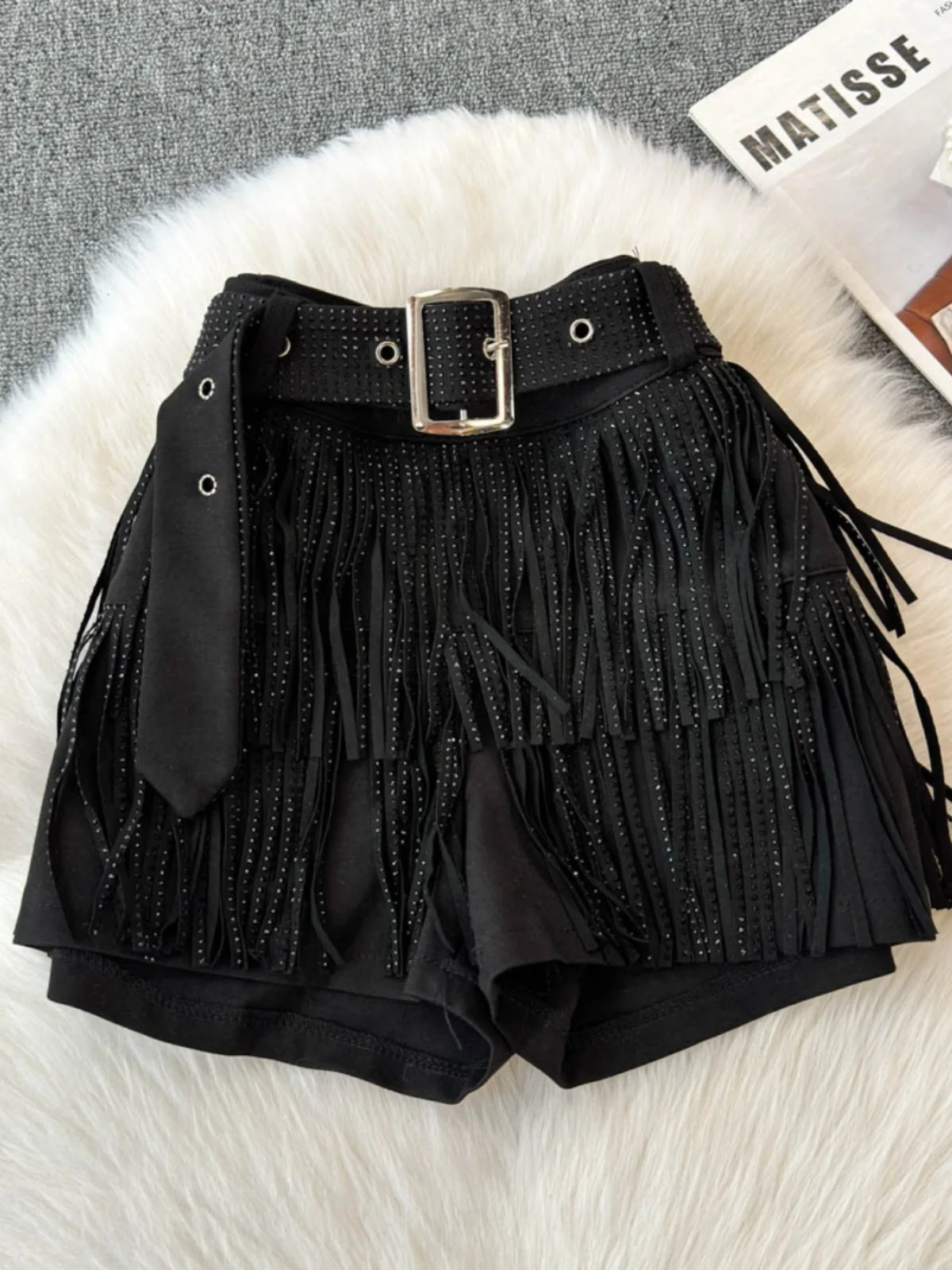 블랙 다이아몬드 스터드 프린지 반바지 한국어 버전 패션 섹시한 중반 허리 댄스 핫 바지 다목적 여성 반바지 여름 신작