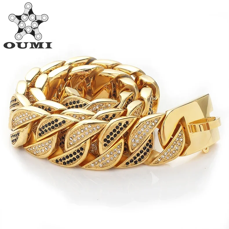 OUMI Latest Design Stainless Steel Chunky Dog Cuban Chain Plated 18k Gold Diamond Pet Collar Chain