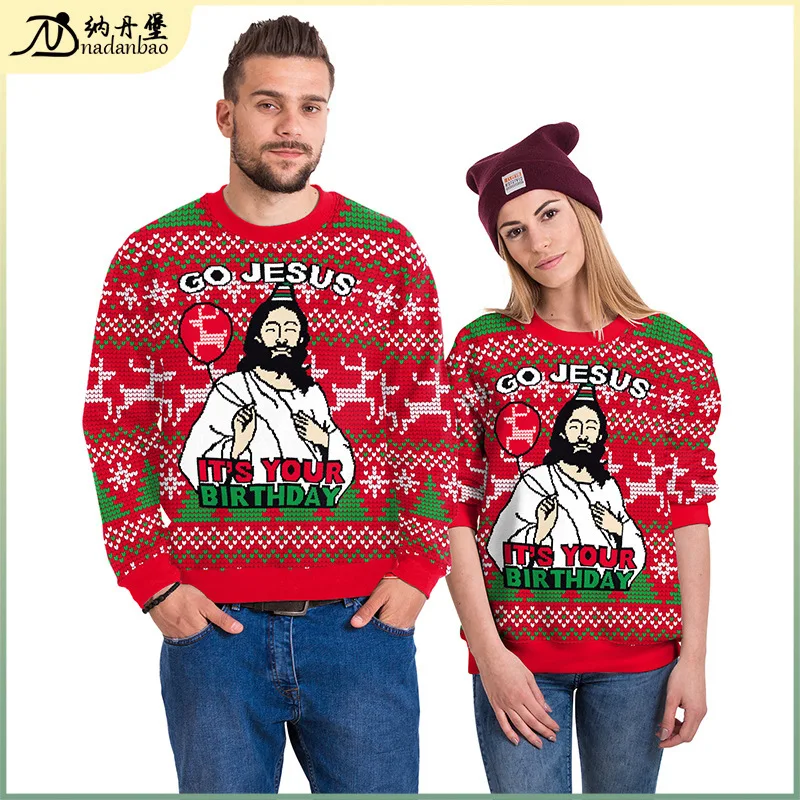 Natanborough Straight Digital Printed Christmas Long Sleeve Men's And Women's Round Neck Hoodies