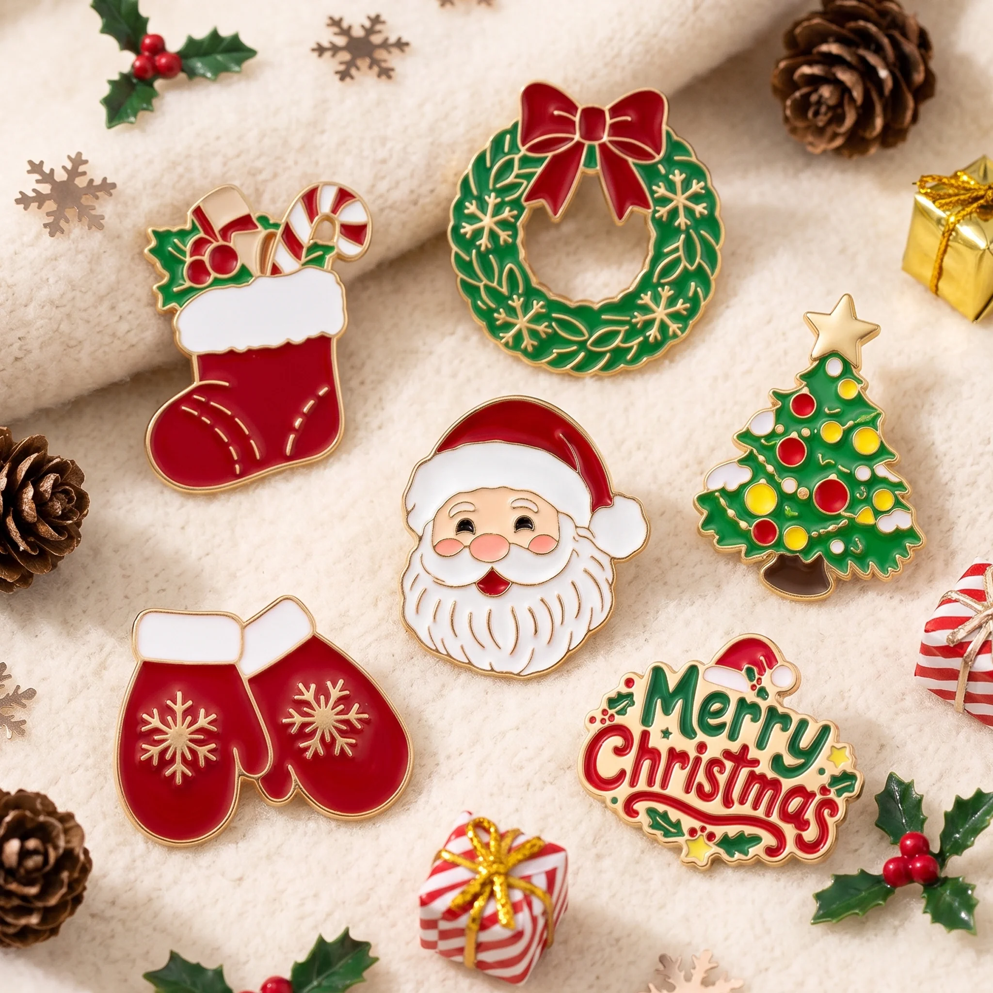 6Pcs Christmas Brooches Set Enamel Festive Pins Christmas Party Gift Bag for Friends Colleagues Festive Gifts Daily Outfit