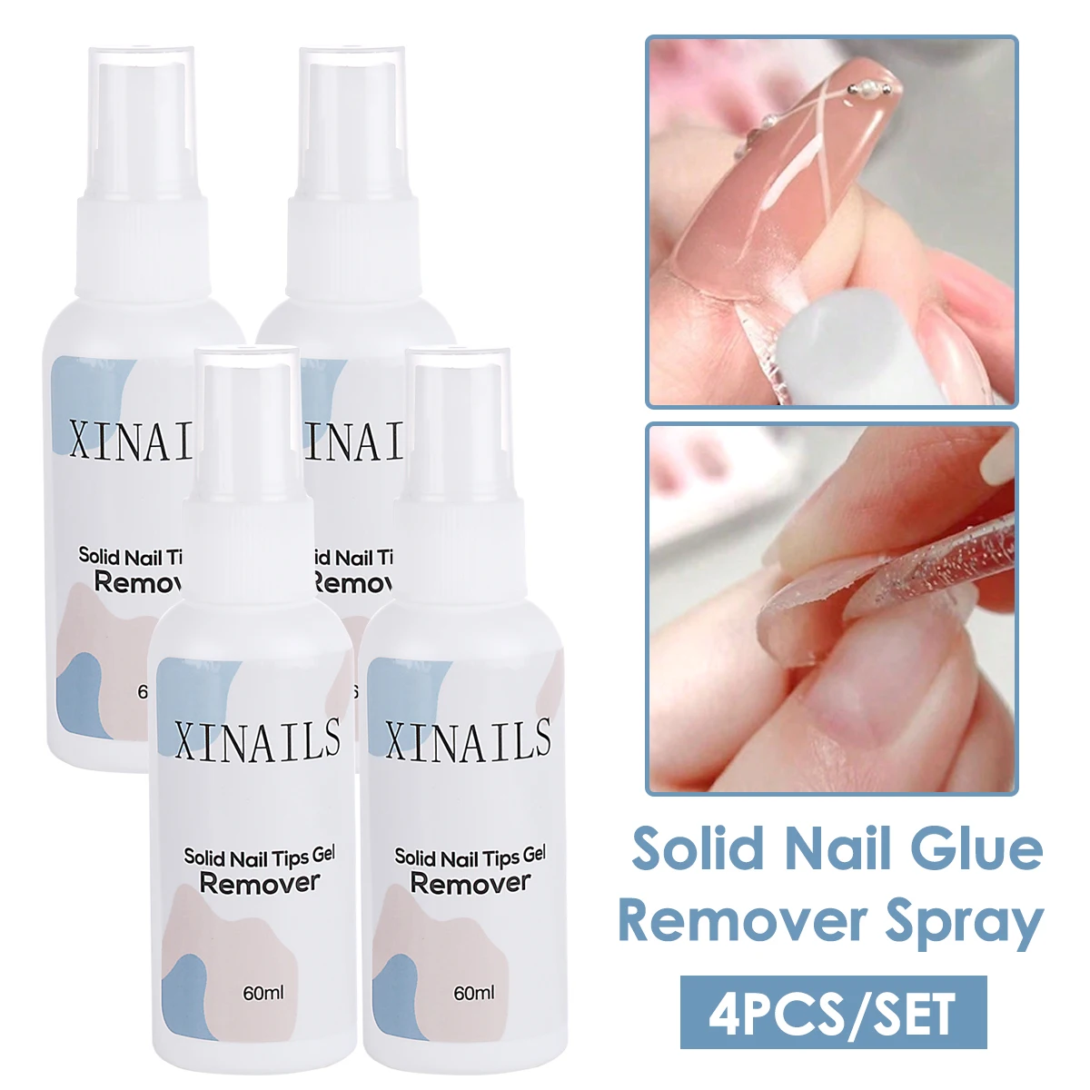 4 Stück/Set 60ml Entferner für feste Nagelspitzen, Gel-Nagelspitzen, schadlos zur Entfernung von festem Kleber, auflösendes Flüssigspray, Maniküre-Zubehör