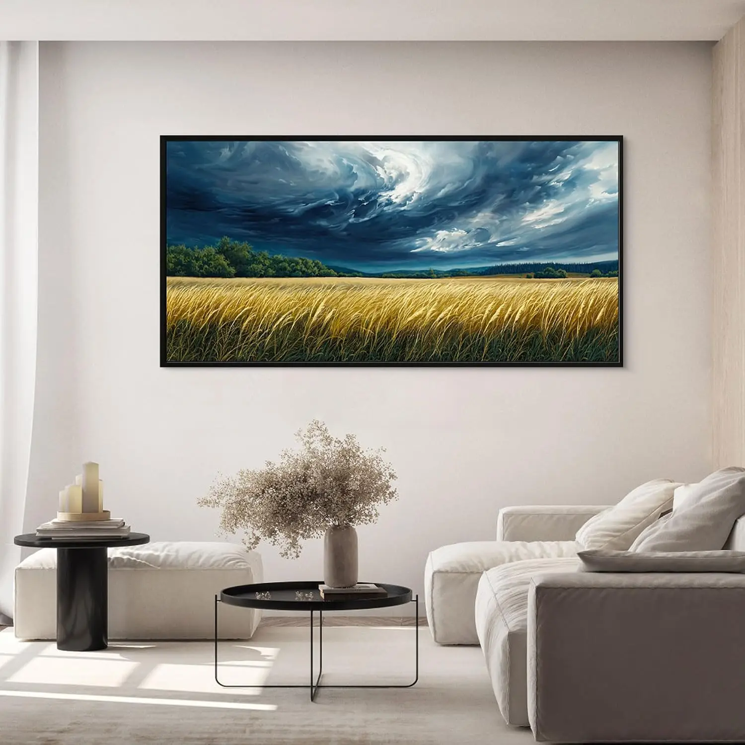 Extra Large Framed Canvas Wall Prints, Rustic Blue Forest Landscape Wall Art with Sky & Black Cloud Motifs, Indoor Wall Decor for Living Room Bedroom Office