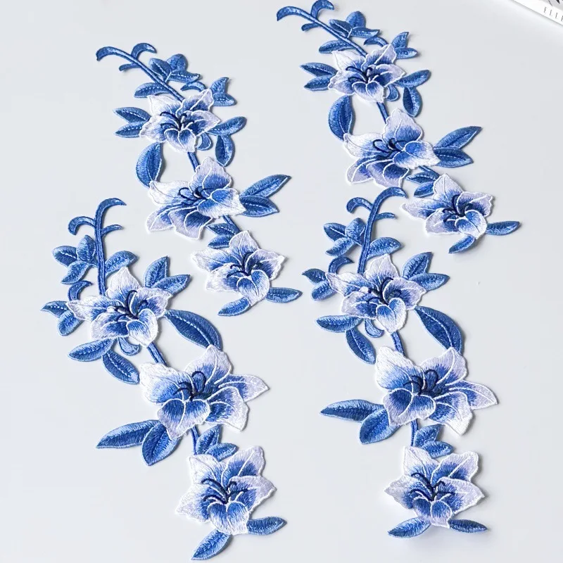 Blue long embroidered cloth paste cheongsam Hanfu dress decorative patch sheet accessories handmade DIY