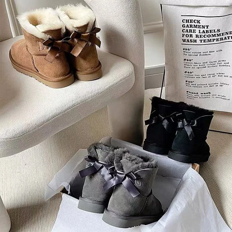 Winter snow boots, women's fur integrated low cut cotton shoes, butterfly knot breathable and warm, thick snow cotton
