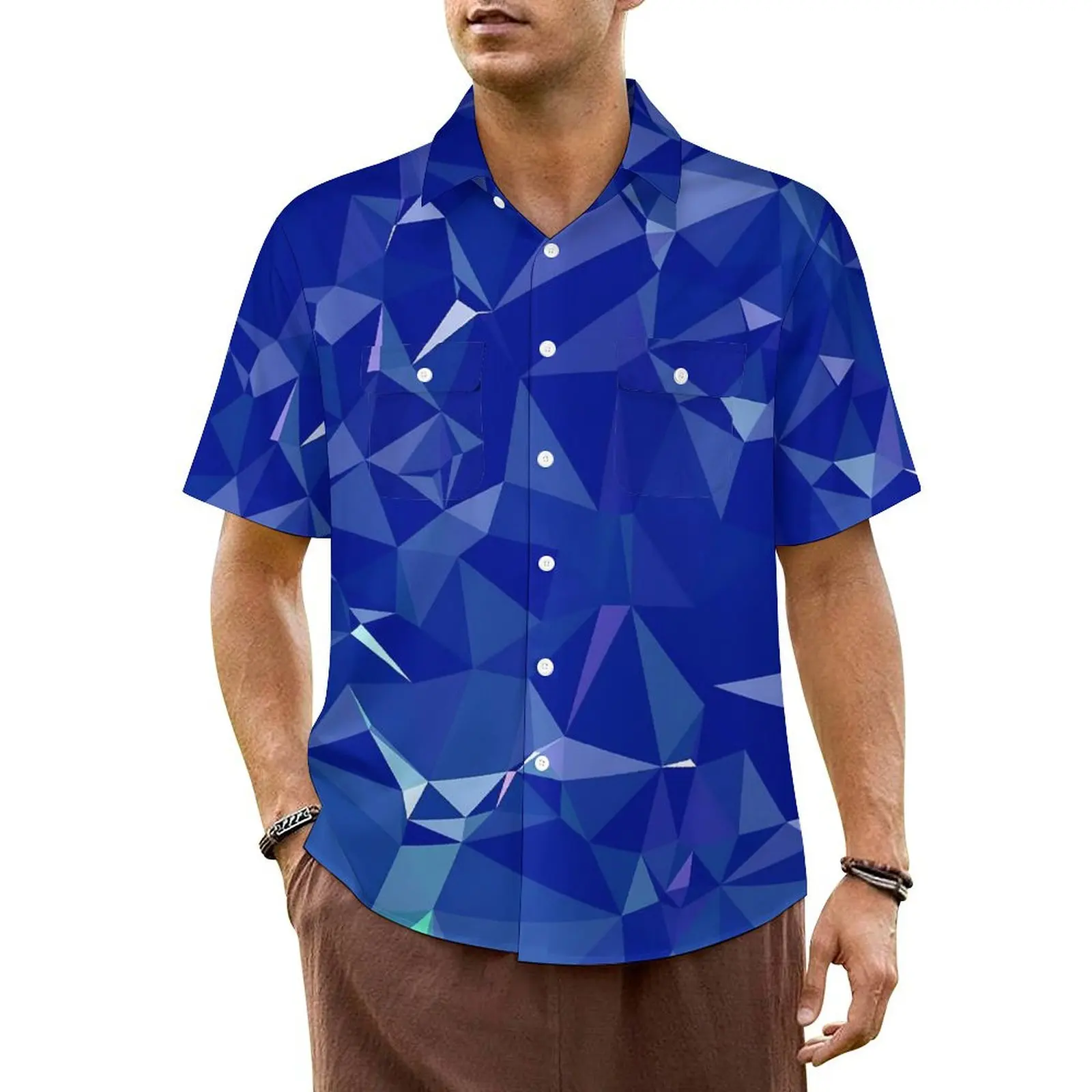 

Рубашка мужская оверсайз с геометрическим принтом, элегантная пляжная блузка с гавайским принтом в современном стиле, повседневная с коротким рукавом, с графическим принтом