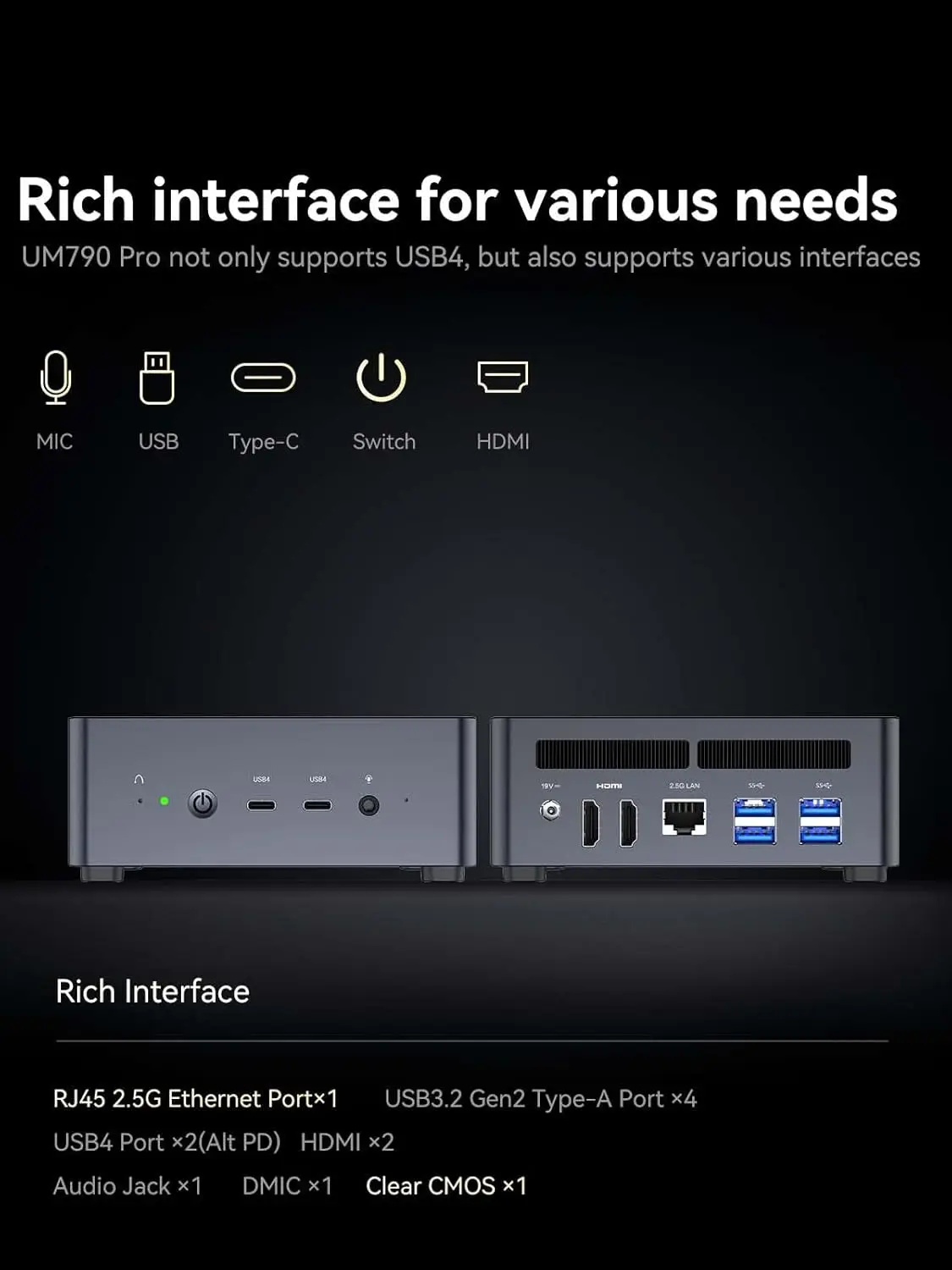 UM790 Pro Mini PC AMD 9 7940HS Barebone con AMD Radeon 780M, 4X USB3.2, 2X USB4, 2xHDMI 2.1, 2X PCIe4.0