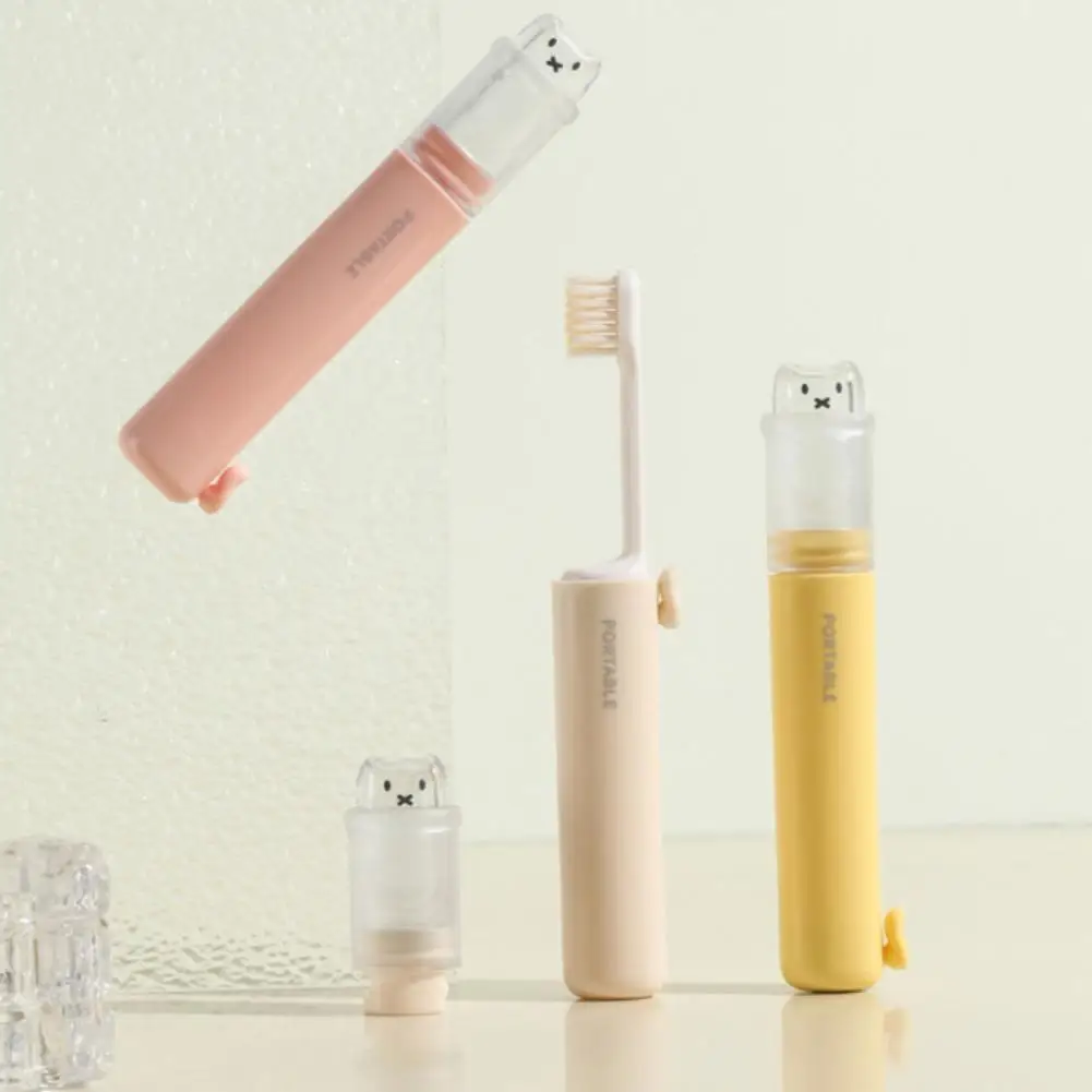 Cute 2 In 1 Foldable Travel Toothbrush Portable Toothpaste Storage Soft Bristle Toothbrush with Bear Dust Cover Macaron Colors
