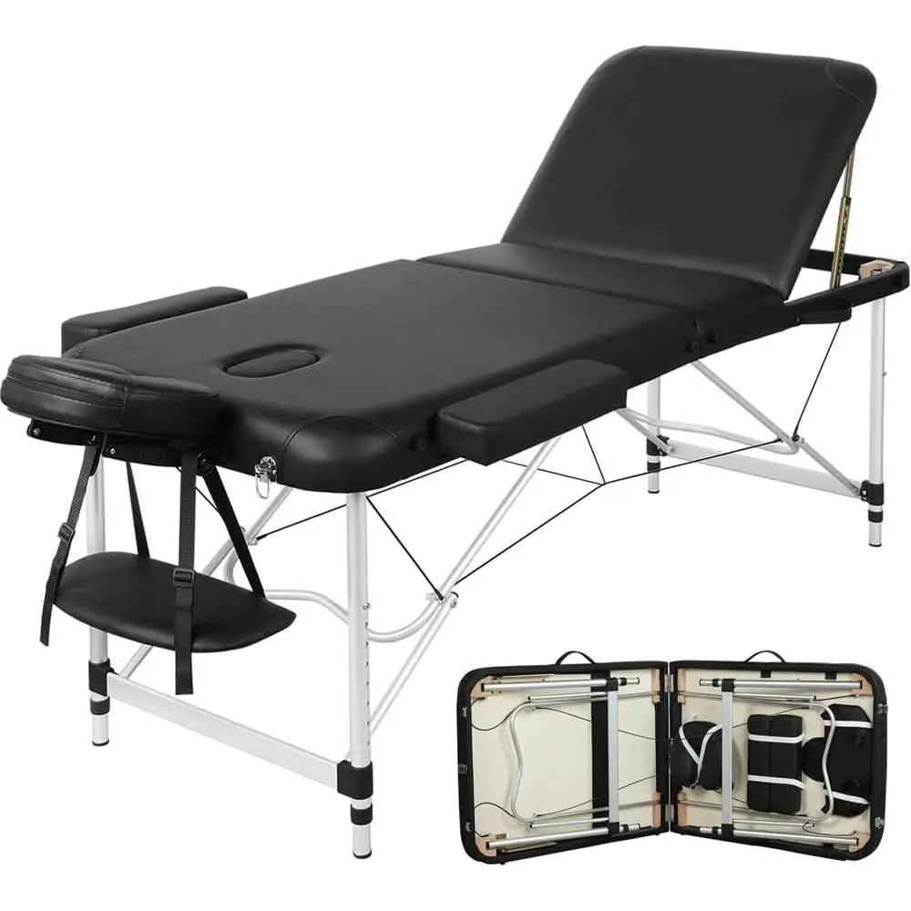 Adjustable Massage Table with Lash and Tattoo Features, Black, 28 Wide, Padded PVC Leather