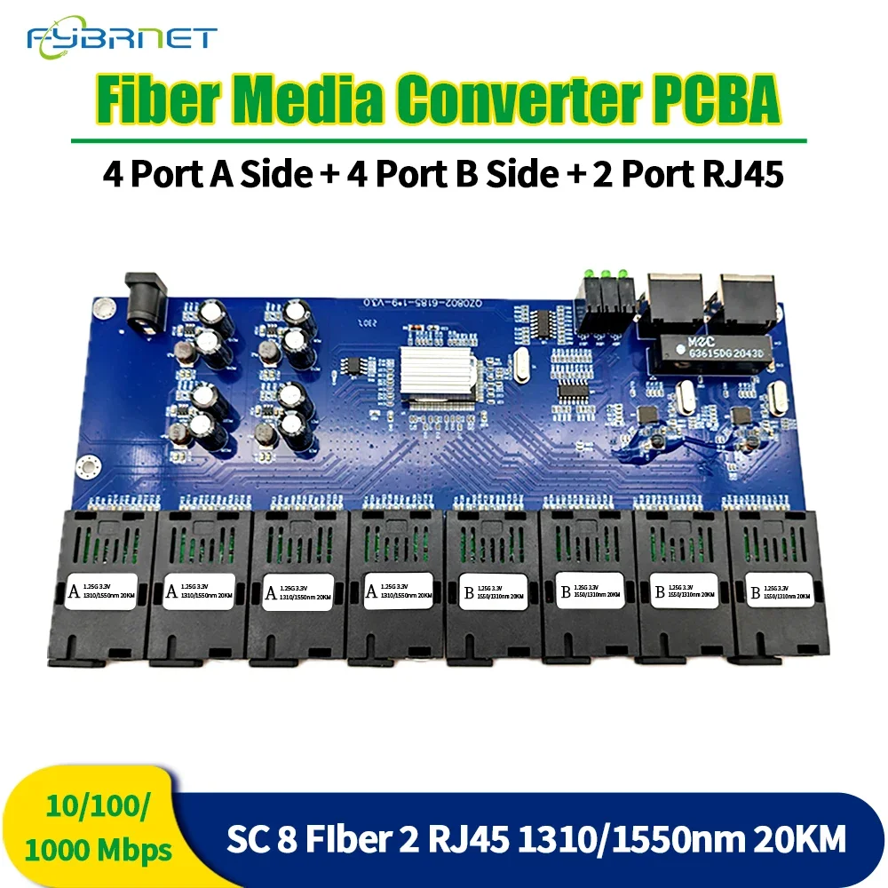 Single Mode Simplex Gigabit Ethernet Fiber Switch Media Converter 8 Fiber Port 2 RJ45 Port Giga Optical Fast Transceiver 20KM