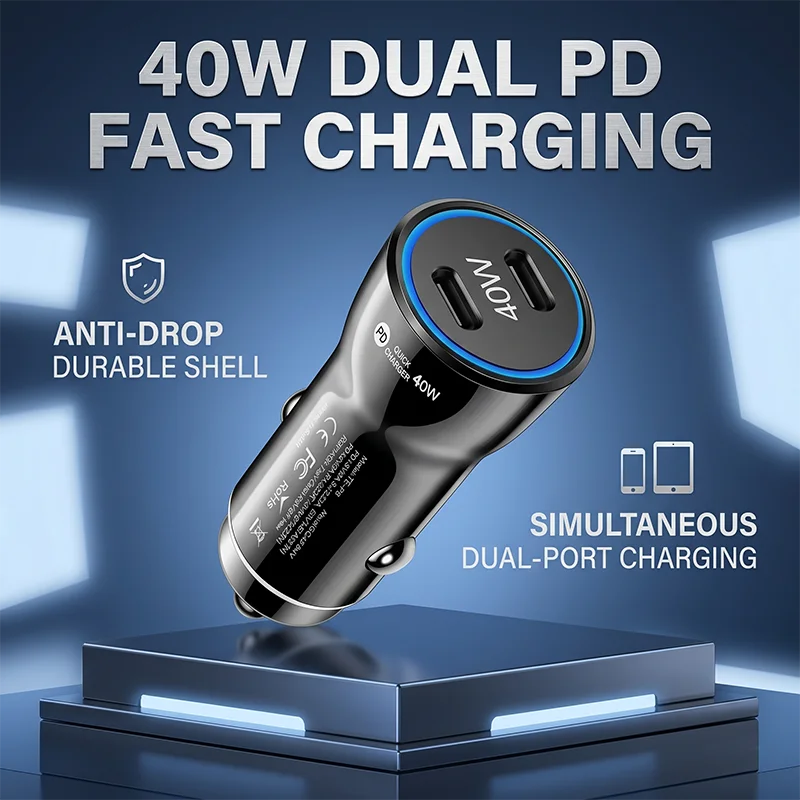 Carregador Veicular de 40W com Carregamento Rápido, Dupla Entrada Tipo C, Proteção Múltipla, Carcaça em PC Anti-Queda, Carregamento Instantâneo para Celulares.