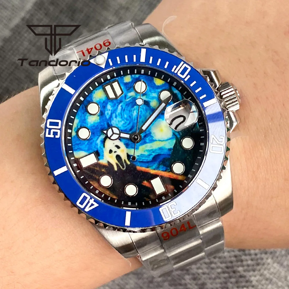 Tandorio Classic 40mm NH35 Automatic Watch for Men 20Bar Luminous Painting Dial Sapphire Glass Rotating Bezel Glide Lock Clasp