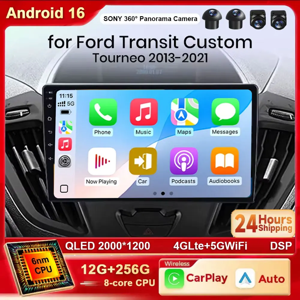 Android 16 For Ford Tourneo Custom 1 I Transit 2012 - 2021 Car Radio Navigation Multimedia GPS Auto Carplay QLED WIFI 4G BT DVD