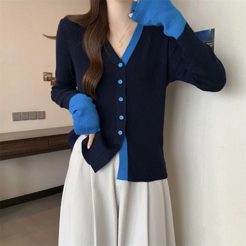 

Contrast ColorvCollar Wool Knit Cardigan Autumn Elegant Slightly Mature Style Single-Breasted Sweater Korean Style Western Style