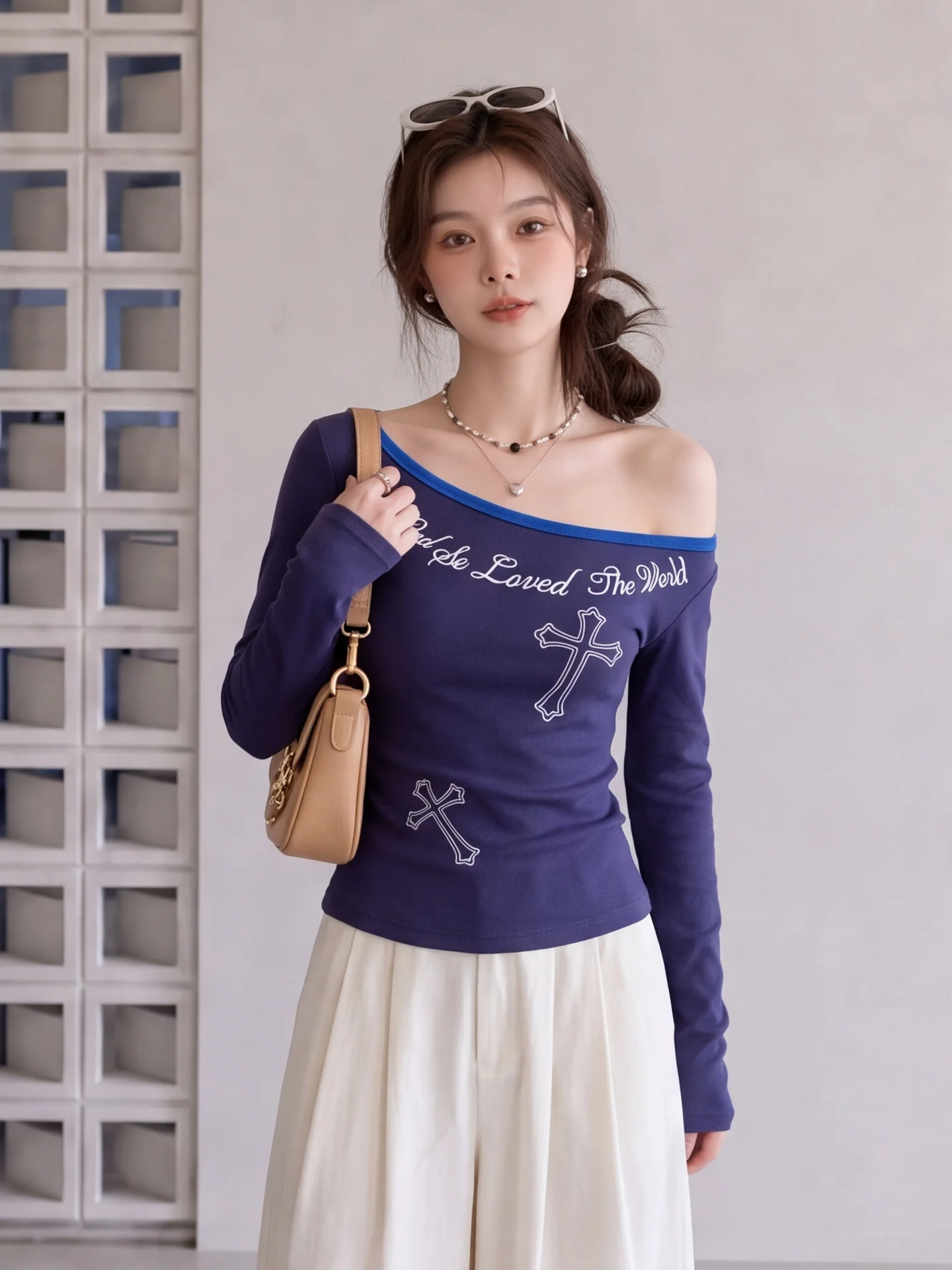 Slim Fit Long Sleeve Shoulder Bared T-Shirt Women's Style Commute American Hot Girl Short Base Layer Top City Walk Ladies