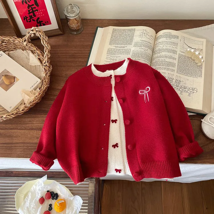 

Autumn Winter Children Girls Outfits Bow Red Kids Girls Fake Two-piece Sweater Cardigan Loose Knitted Flared Pant For Baby Girls