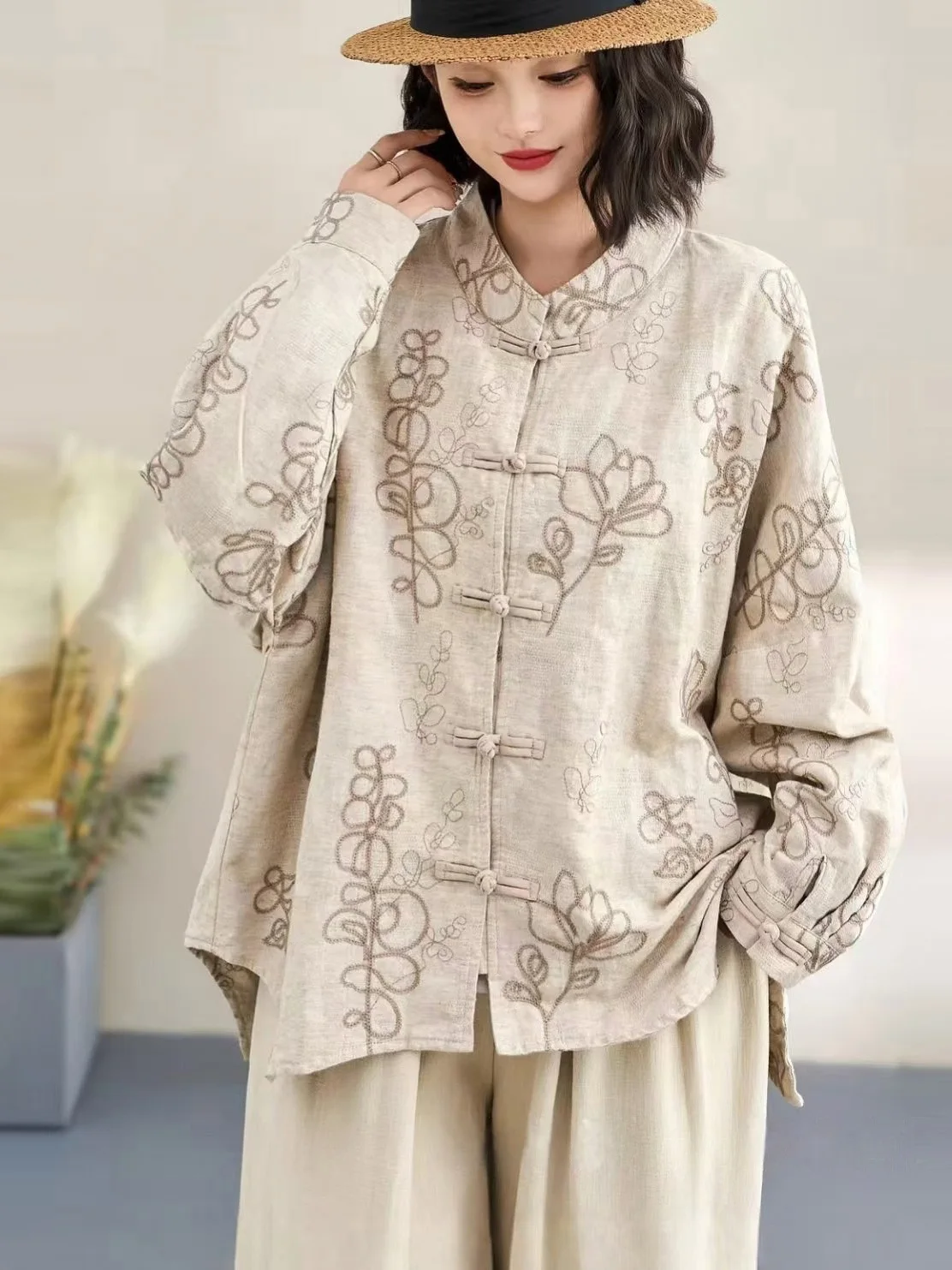 

New Chinese Sle Loose Cotton Linen irt with Button Design Printed Bling Zen Outerwear Women's Faion Ethnic Clothing