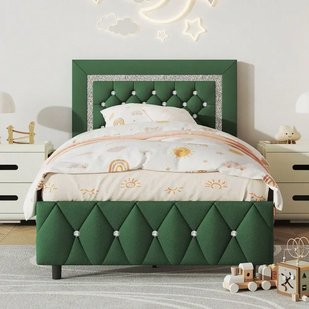 Upholstered Bed Frame, Modern Leather Bed Frame With Diamond Headboard And Footboard, No Box Spring Needed, Easy Assembly, Twin