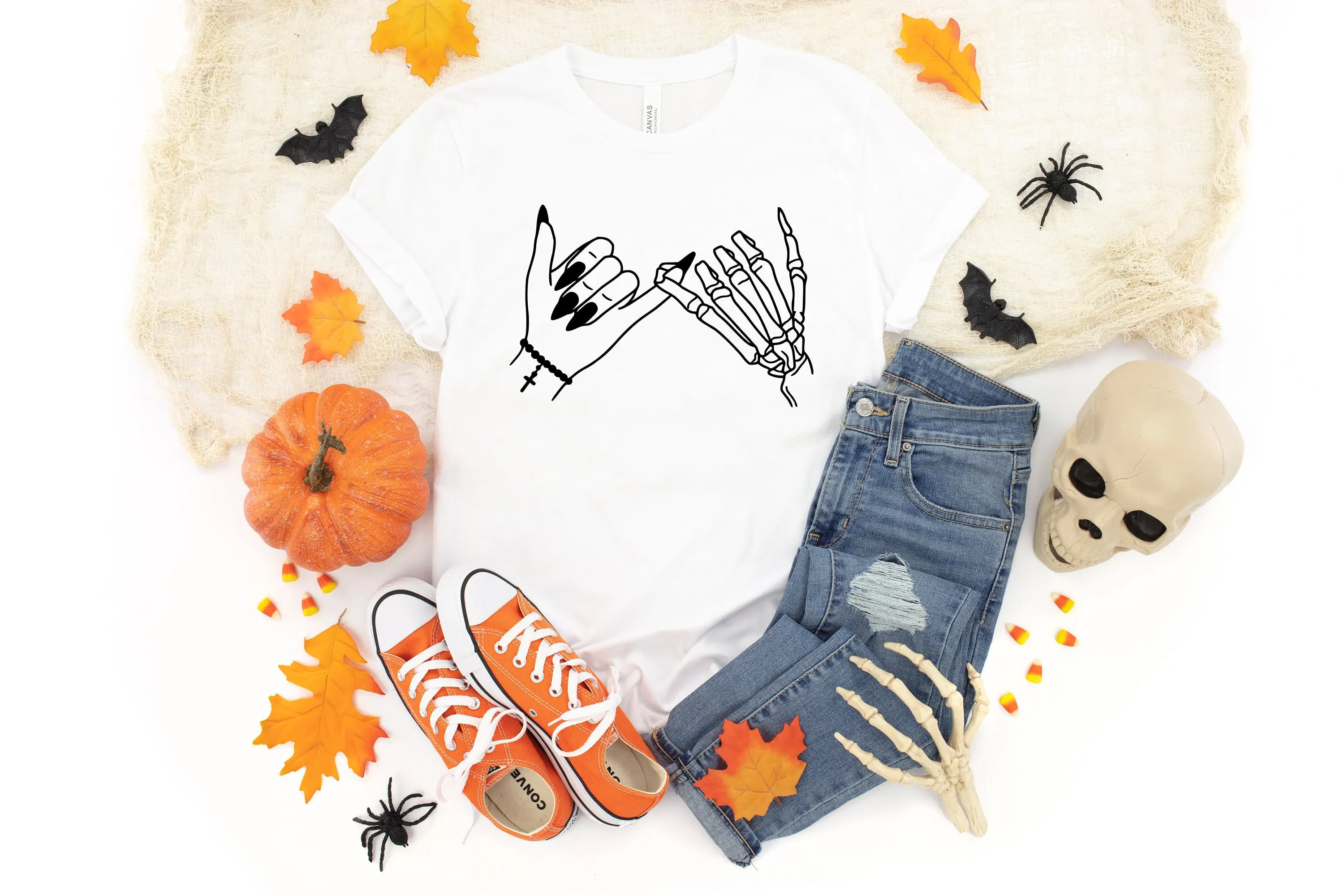 Skeleton Hands T Shirt Halloween Pinky Promise Witch Witchy Clothing For Gothic