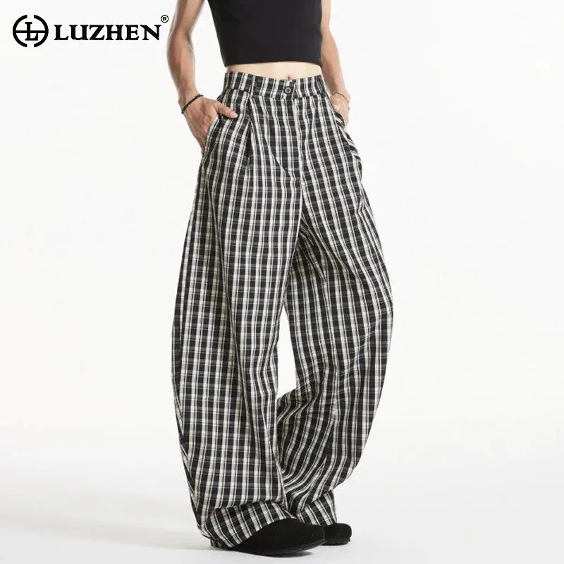 

LUZHEN повседневные черные свободные белые брюки с принтом, мужские клетчатые брюки, новинка 2025, корейские красивые прямые брюки, дышащие брюки JY4759