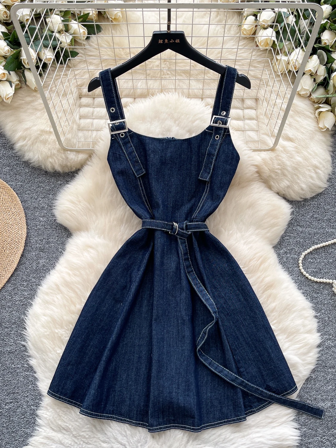 

Women's Denim Belted Waist Design Dress Adjustable Metal Straps Party Jean Dresses Vintage Slimfit Commuting A-line Skirts