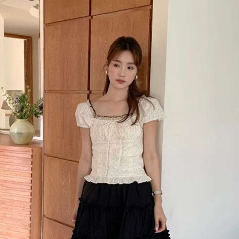 Francês doce bolha manga bolinhas arco camisa feminina verão nicho emenda renda curto topo blusa feminina