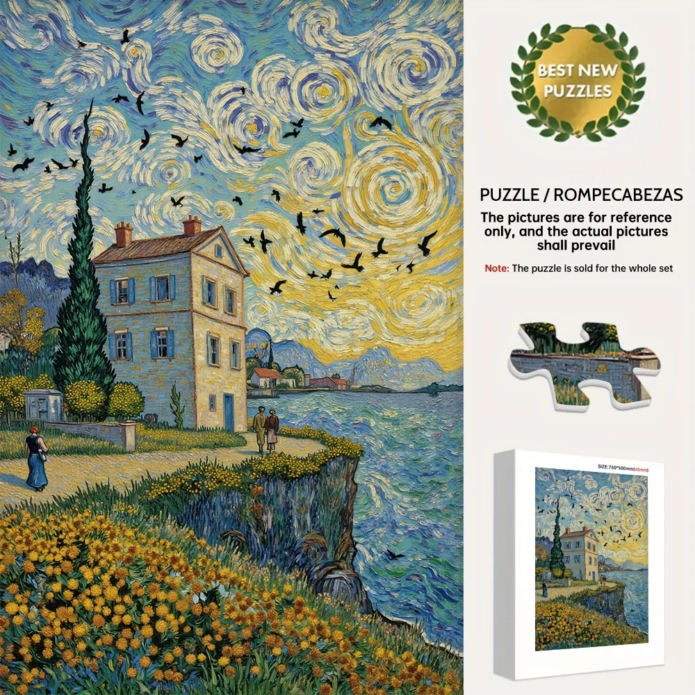 1000pcs Van Gogh Starry Night Puzzle - Large 19.7x29.5 Inch Thick Cardboard with Seamless Edges, Van Gogh's Iconic Reproductio