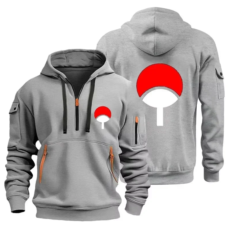 Men Naruto Uchiha Clan Symbol Tactical Hoodie Half Zip Multi Pocket Sweatshirt AnimeFanStreetwear LongSleevePullover Hooded Coat