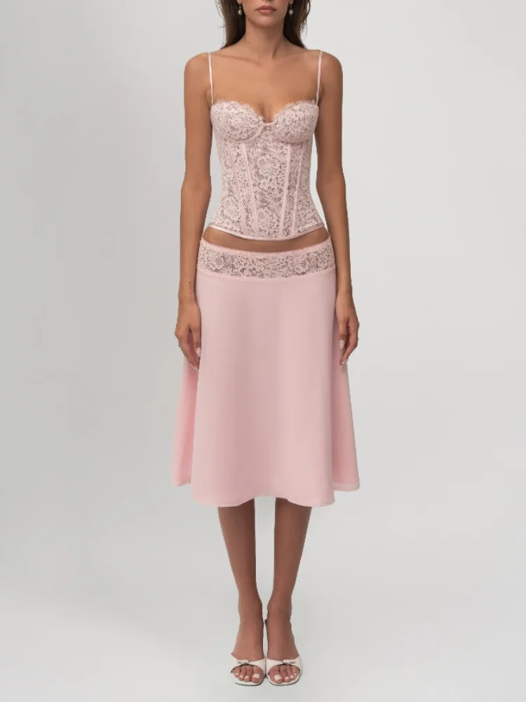 Chic Pink Lace Corset Two-Piece Set Women Sexy Spaghetti Strap Top Flowy Satin Midi Skirt Summer Party Evening Cocktail Outfit view 4