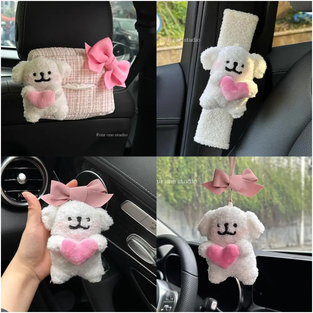 Anime Cartoon Maltese Car Rearview Mirror Pendant Car Seat Belt Cover Plush Shoulder Protector Car Hanging Tissue Cover