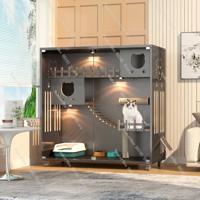 Luxury Villa Style Large Cat Cabinet Indoor Cat House Three Layer Spacious Wooden Cat Cage Premium Solid Wood Condo Home