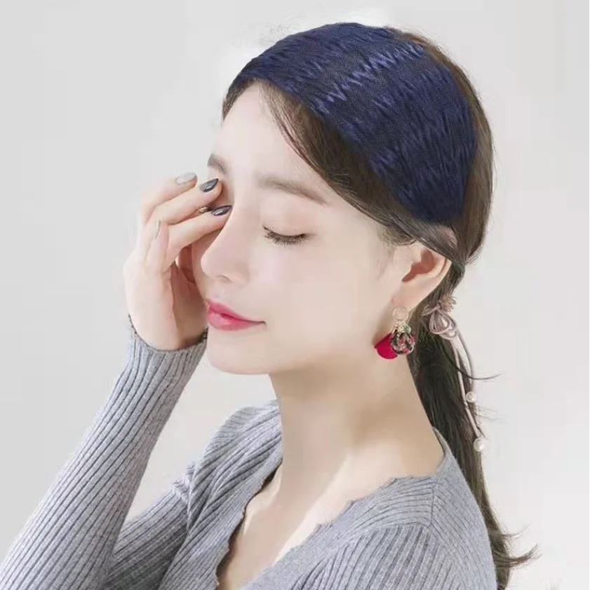 Breites Haarband für Damen, Plissierter Netzstoff-Haarreif, Eleganter Rutschfester Turban-Haarreif, Haaraccessoires für den Alltag im Büro – Detail 12