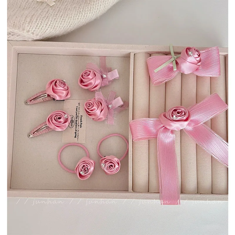 Handmade Pink Roses Flower Hair Clip Hairpin Sweet Shredded Head Bangs Clip Bow Hair Accessories Female Children\'s Hair String