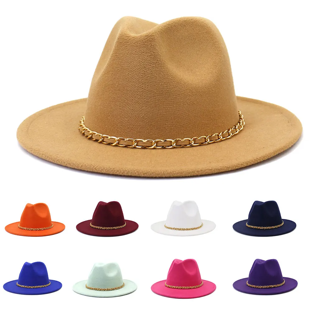 Solid color fedora hat metal chain women\'s wide brim jazz hat autumn and winter British vintage Panama hat wholesale