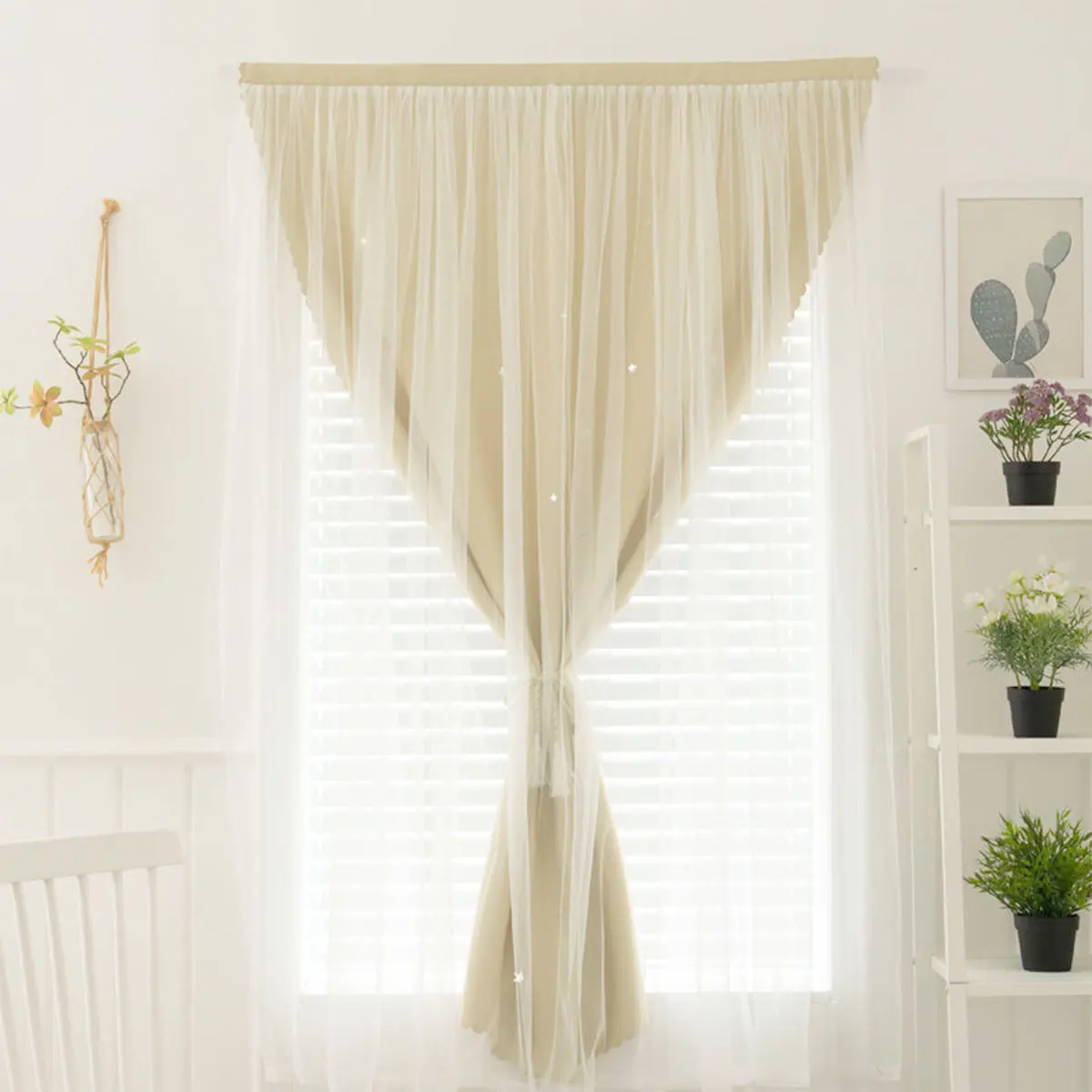 1pcs Ins Style Star Cutout Double Layer Sheer Curtains, No Drill Adhesive Curtains for Bedroom (Rod Not Included)