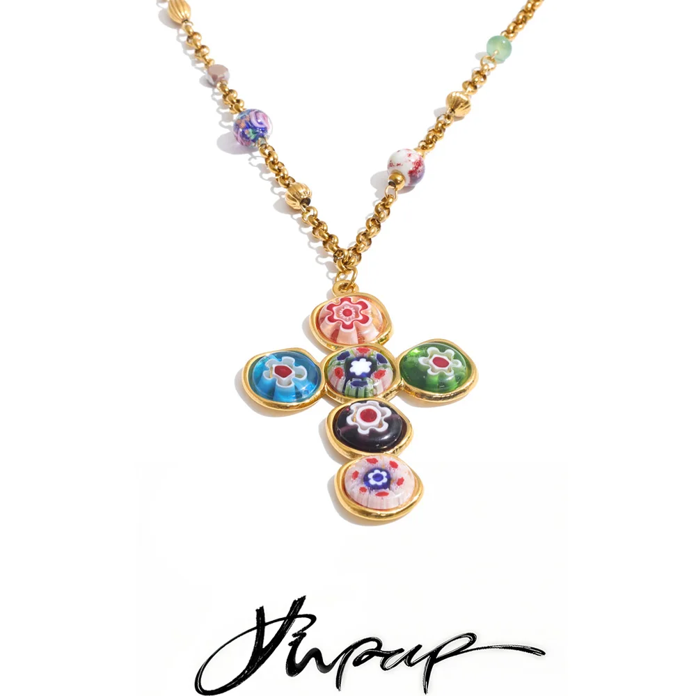 Yhpup 80+5cm Stainless Steel Colorful Glass Cross Necklace Pendant Fashion Handmade Sweater Chain Personalized Jewelry