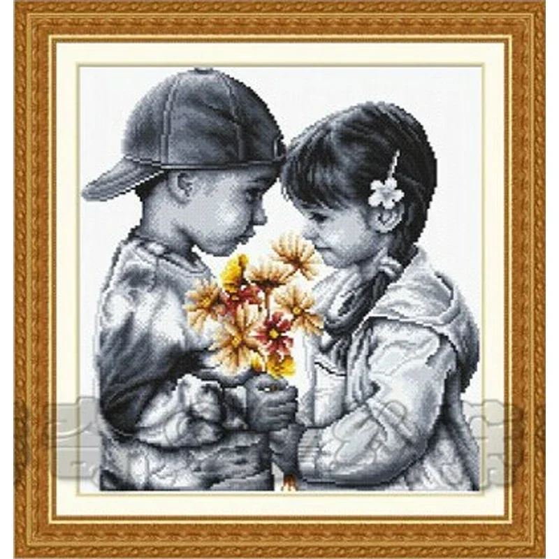 Top Quality Lovely Nostalgia Nostalgic Counted Cross Stitch Kit Shy Couple Naive Pure Innocent Age Little Boy and Girl dome