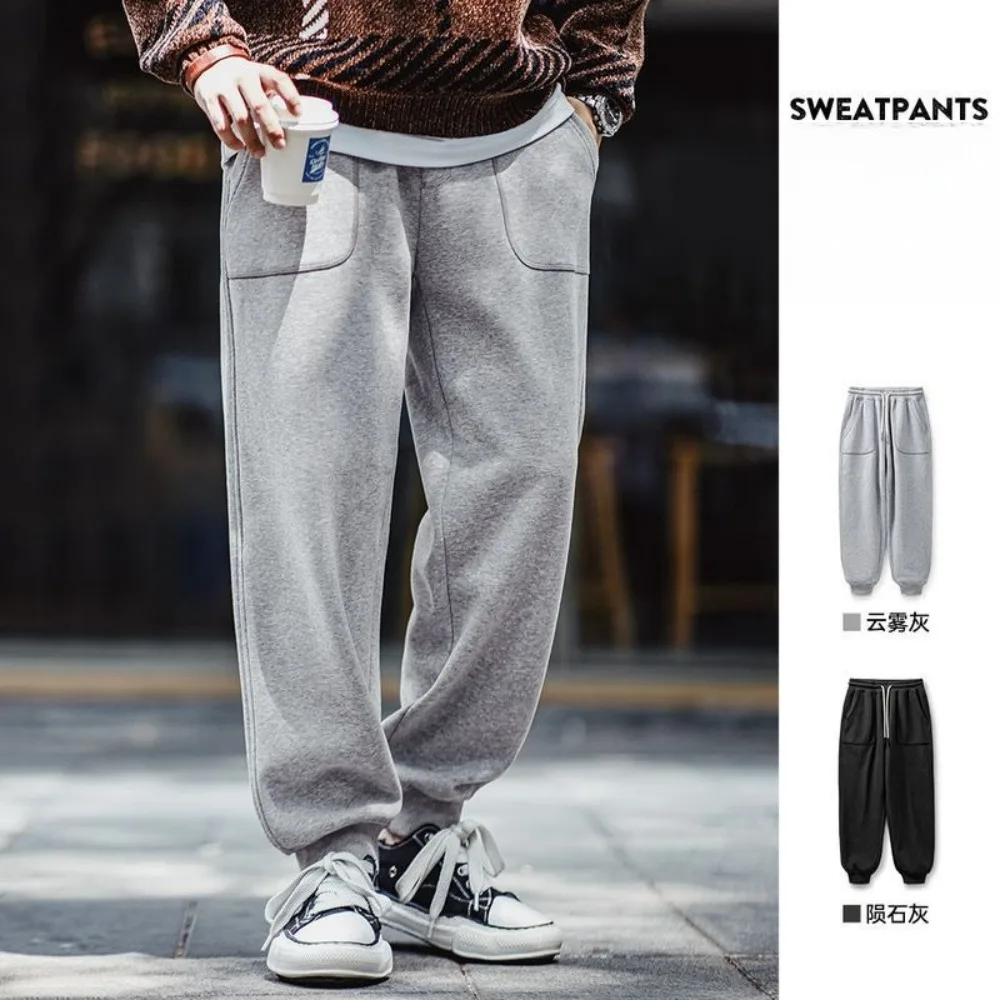 2026 Autumn New Solid Men's Casual Cargo Pants Winter Thick and Warm Elastic Waist Tapered Sports Trousers Joggers Sweatpants