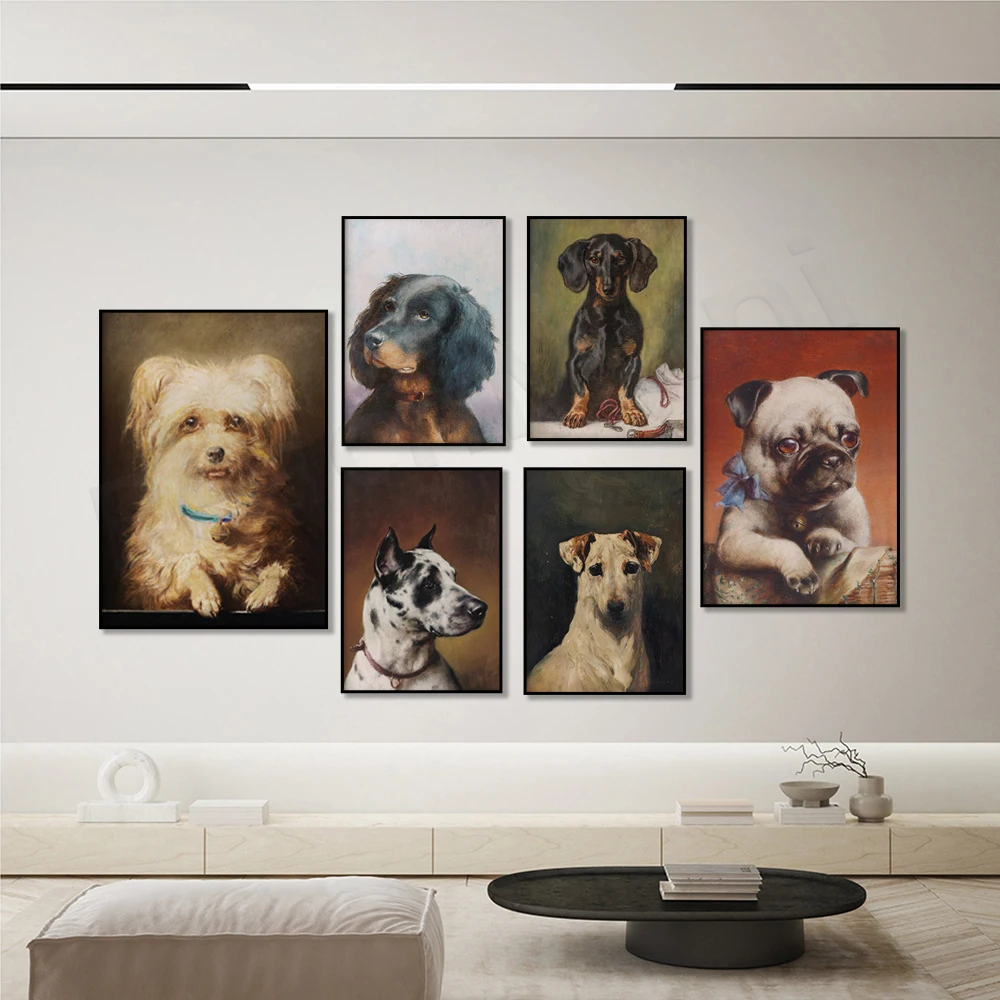 Vintage dog portrait, terrier, dachshund, rottweiler, dalmatian, pug, pet puppy portrait oil on canvas, British whimsical poster