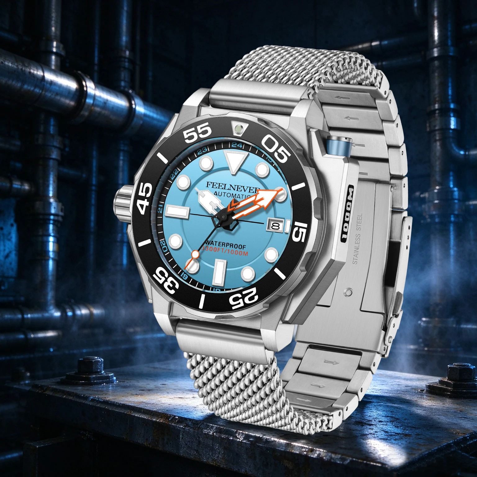 FeelNever Luxury Man Mechanical Watch Rotating Bezel Stainless Band Waterproof Sports Clocks Automatic Movement Watches for Men