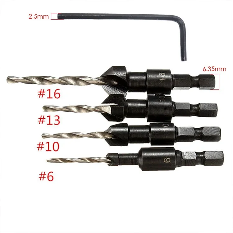 

4Pcs HSS Steel Countersink Hole Drill Bits Set 1/4 Inch Hex Shank Carpentry Woodworking Chamfer Tools #6 #10 #13 #16 with Wrench